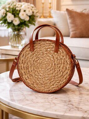 Boutique Woven Canteen Crossbody Bag Round Straw Cognac Trim Resort Chic NWOT